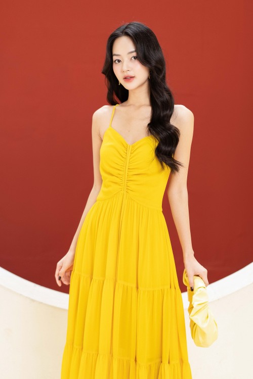 Sixdo Yellow Chiffon Maxi Dress